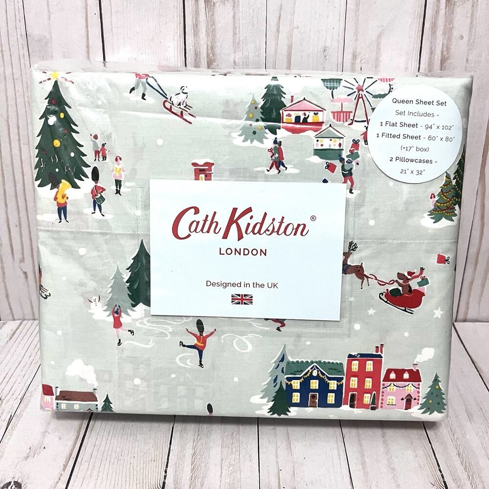 NEW!! Cath Kidston London Snow Day Duckegg Queen Sheet Set Christmas Winter Town